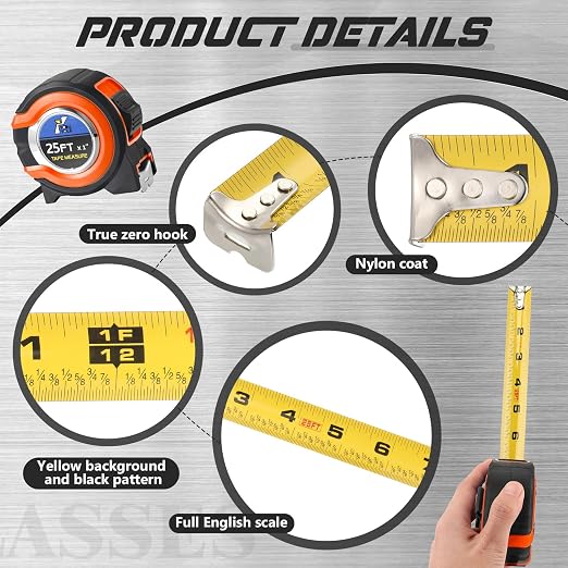 Youyole 10 Pack Tape Measure with Fractions 1/8 Steel Measuring Tape Retractable Easy Read Measurement Ruler Steel Power Blade (25 ft X 1 in,Orange)