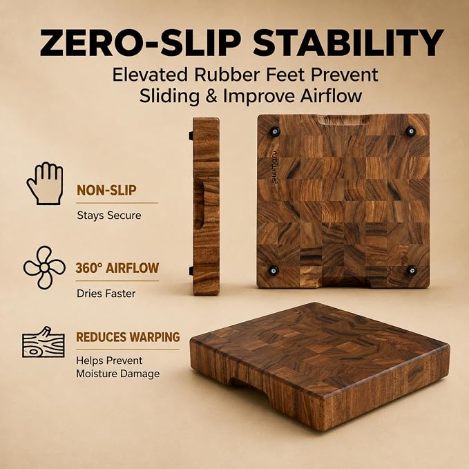 SHUMARU End Grain Cutting Board, 12.6 x 12.6 x 2 Inch Thick Square Butcher Block, Premium Exotic Heartwood, Knife-Friendly Chopping Block with Non-Slip Feet & Hidden Side Handles
