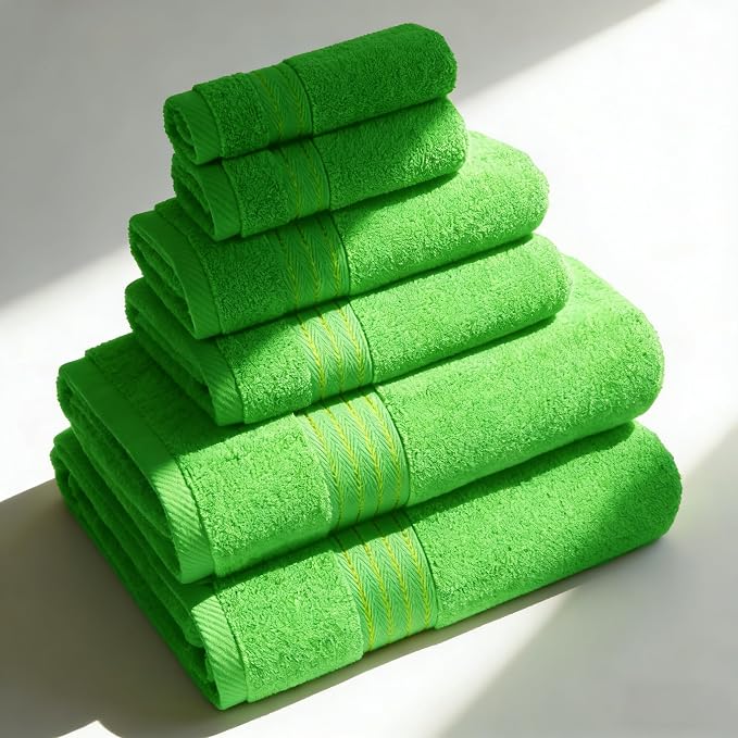 COZYART Luxury Bath Towel Set 6 Pcs Kelly Green 100% Turkish Cotton 650 GSM | OEKO-Tex 100 Certified Zero Twist Ring Spun, Soft Absorbent Quick Dry, Plush Fluffy, Breathable Hotel Quality for Daily Use