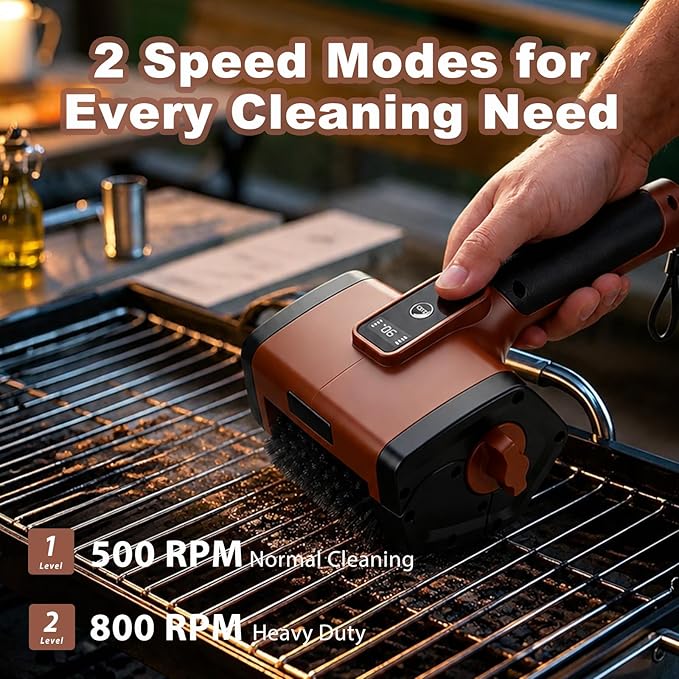 Electric BBQ Grill Brush,3000mAh Electric Grill Cleaner for Outdoor Grill, 2-Speed Power, Type-C Charging, 2 Brush Heads & LED Light, Motorized Grill Cleaning Brush for Camping & Family BBQ (Brown)