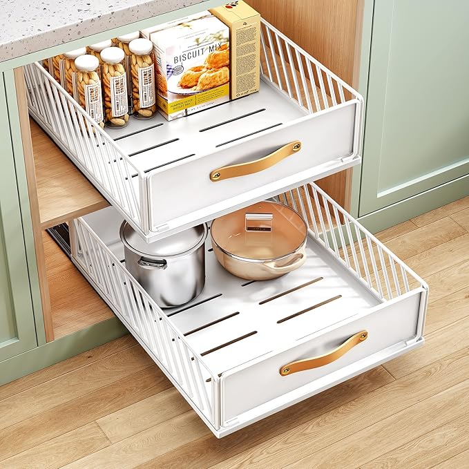 Pull out Cabinet Organizer,Heavy Duty Slide out Pantry Shelves Drawer Storage with Adhesive Nano Film,Sliding Mesh Cabinet Basket with Handle for Kitchen, Bathroom, Home, 13.8"W X 21"D X 6.2"H,White