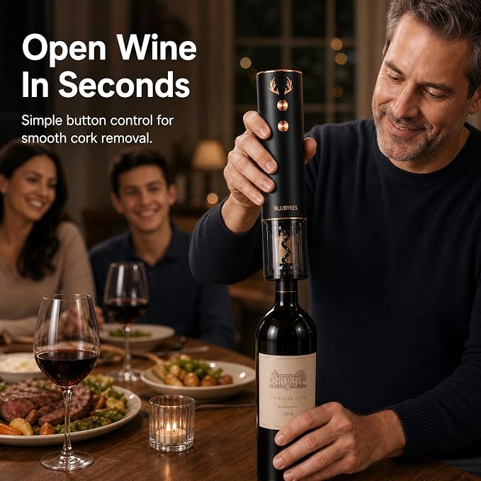 BLUBYEES 4-in-1 Electric Wine Opener Set – Rechargeable Automatic Corkscrew, Foil Cutter, Aerator & Vacuum Stopper, Wine Accessories Gift Set for Dad, Father’s Day Gifts for Men, Husband, Wine Lovers