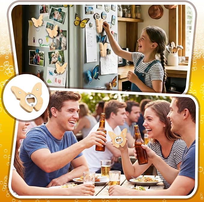 Vesici 24 Pcs Magnetic Bottle Opener 2.5in DIY Bamboo Butterfly Shape Beer Openers Wooden Fridge Magnet Refrigerator Sticker Gift for Beer Lover Wedding Guest Kitchens Bars Parties