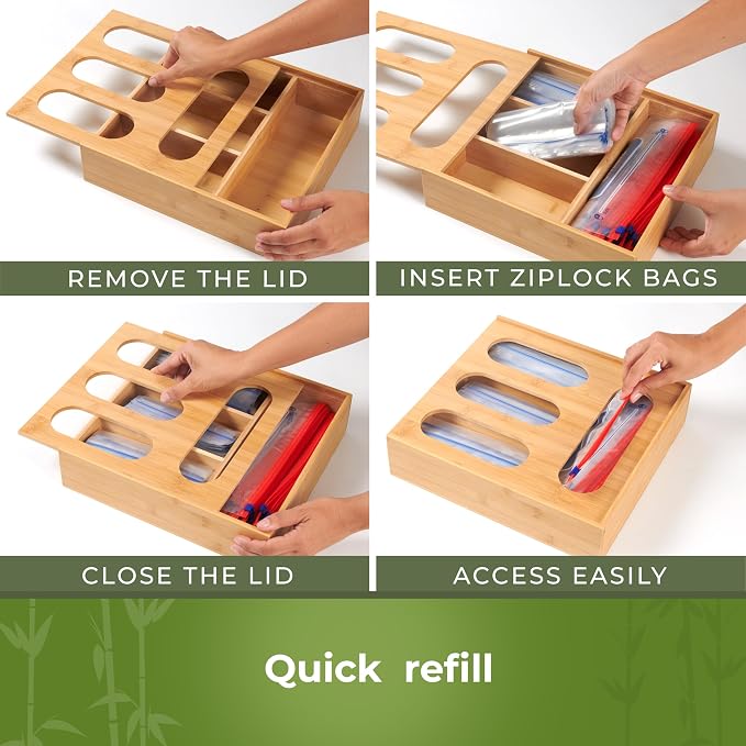 Bamboo Storage Bag Organizer, Sandwich Bag Organizer - Single Block Design for Kitchen Organization, Baggie Organizer for Drawer - Quick Refill Slider, Fits Half Gallon, Quart, Snack Size Bags
