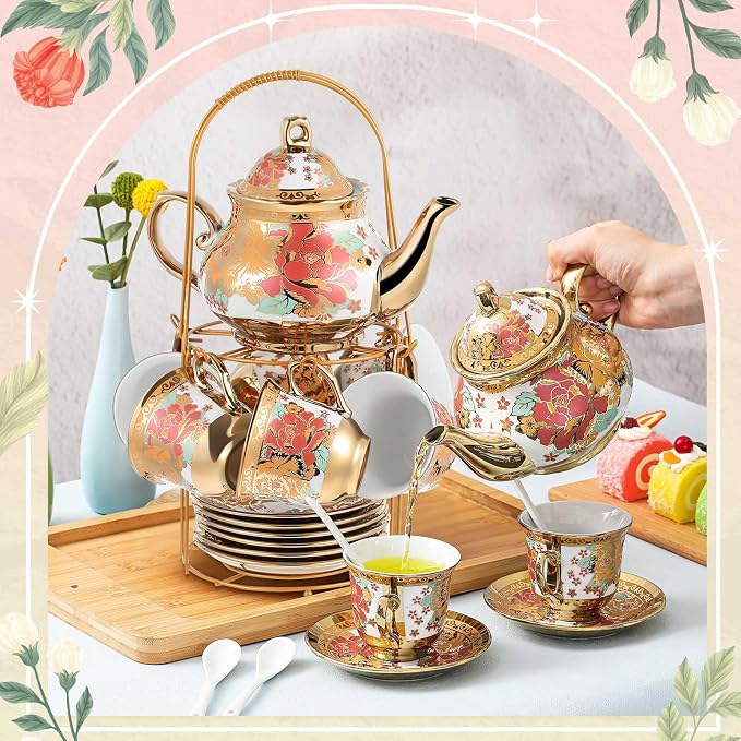 Zhehao 20 Pcs Porcelain Tea Set with Metal Holder and Spoon Adult Ceramic Tea Set European Flower Painting Teapot Cup Saucer Spoon for Women Mom Gift, Large Version (Stylish Style)