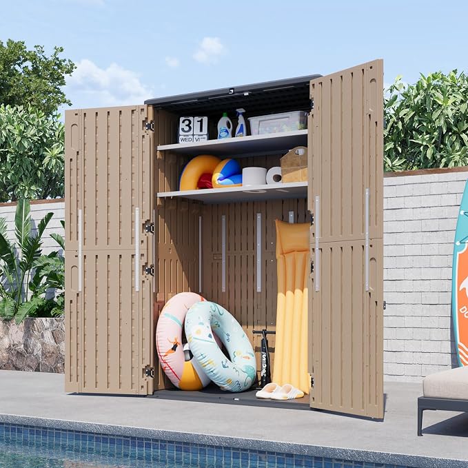 Aoxun Outdoor Storage Shed with 2 Shelves & Floor, 64 Cu.Ft Storage Cabinet | Large Outdoor Waterproof Vertical Resin Shed for Garden Tools, Pool Equipment, Brown