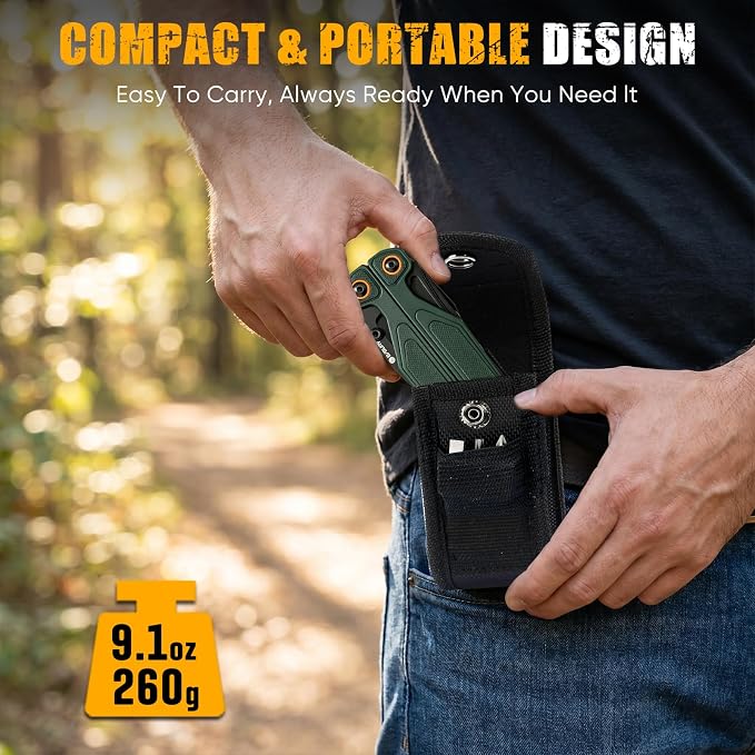 BIBURY Lightweight G10 Handle Multitool Pliers, 25-in-1 EDC Multi Tool with Replaceable Wire Cutters, Scissors, One-Hand Opening Pocket Knife Survival Tools for Camping, Repair,Survival -BI2048G