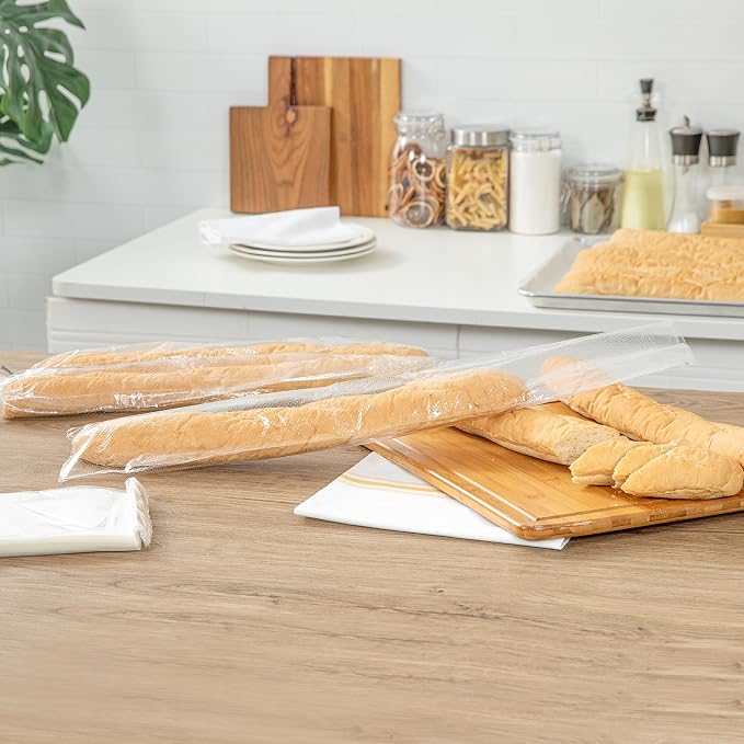 Restaurantware Bag Tek 28 Inch x 6 Inch Bread Bags 250 With Wicket Dispenser Bread Loaf Bags - Micro Perforated Freezer Safe Clear Plastic Baguette Bags Disposable