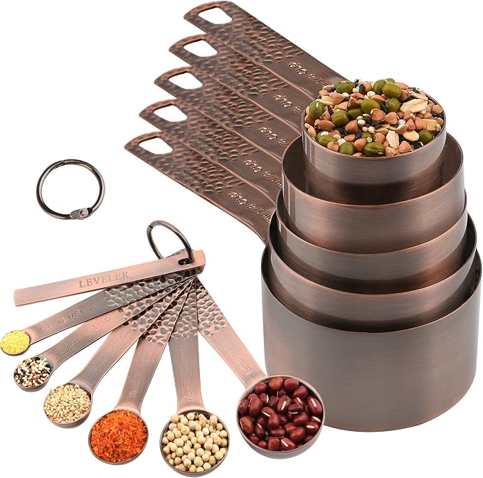Copper Measuring Cups and Spoons set, Stainless Steel Measuring Cups and Spoons set for Baking & Kitchen, Metric & US 5 Copper Measure Cup and 6 Measure Spoons and 1 Ingredient Leveler