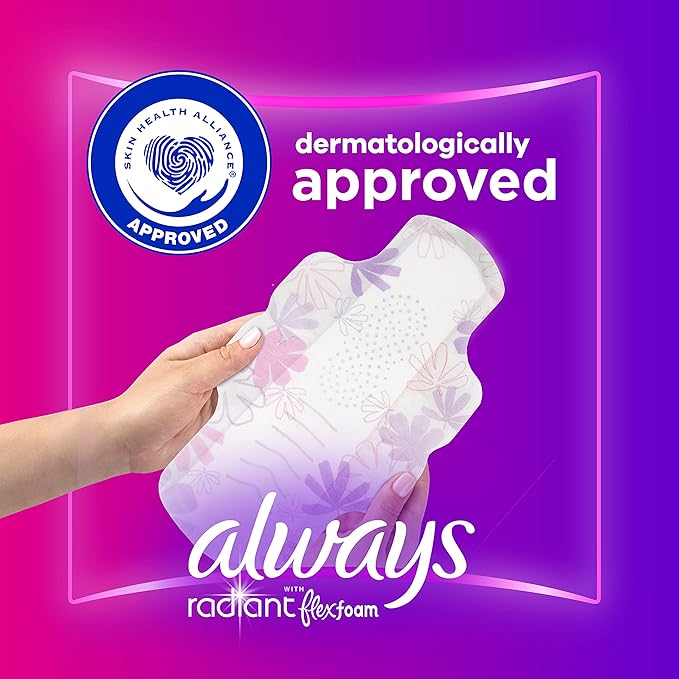 Always Radiant FlexFoam Pads for Women, Size 1, Regular Absorbency, up to 100% Leak & Odor Free Protection, with Wings, Scented, 42 Count
