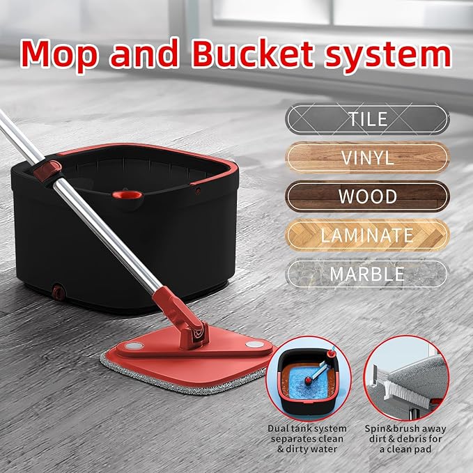 Spin Mop and Bucket Set with Separation Dirty and Clean Water System, Self Wringing 360° Rotating Clean Mop-Head and Bucket Set for Hardwood Tile Marble Floor with 6pc Replaceable Mop Pads