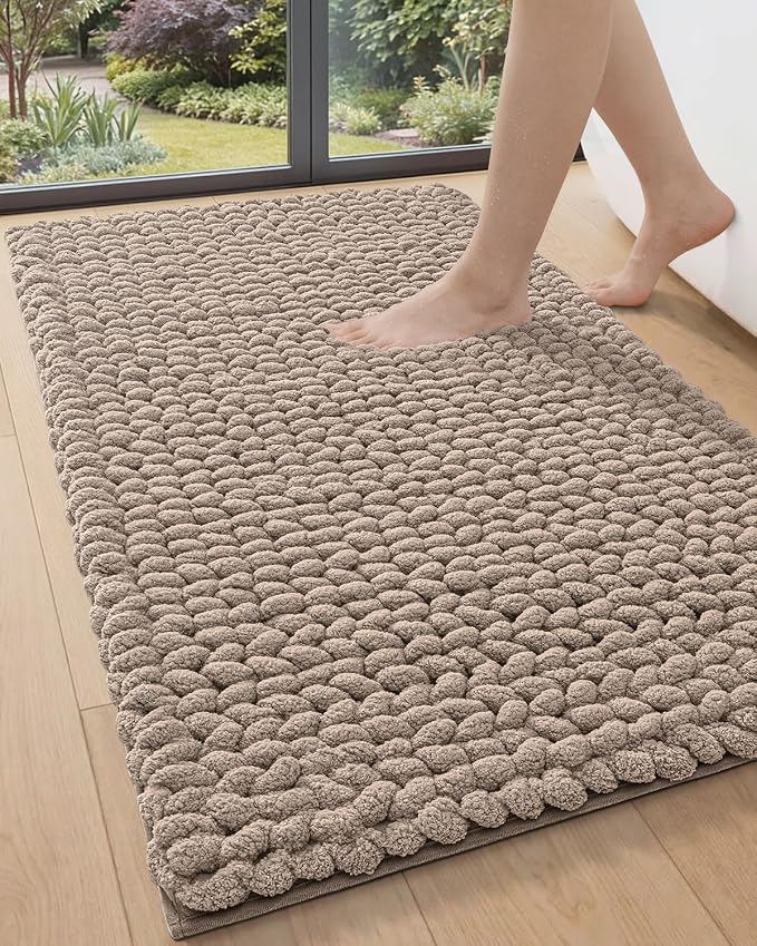 DEXI Bathroom Rugs 43x24, Non Slip Washable Bath Mat, Luxury Chenille Super Absorbent Ultra Thick Bathmats for Shower Floor, Plush Fluffy Shaggy Carpet for Tub, Taupe