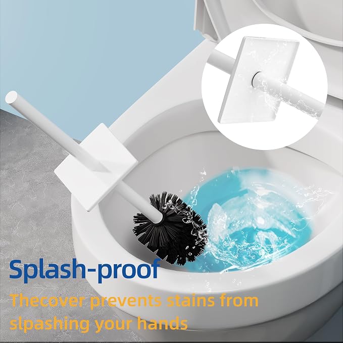RUACQ Toilet Brush and Holder Set 2pcs,Square Toilet Bowl Brush for Bathroom with 304 Stainless Steel Handle Toilet Cleaner Brush with Durable Scrubbing Bristles,Splash-Proof (White)
