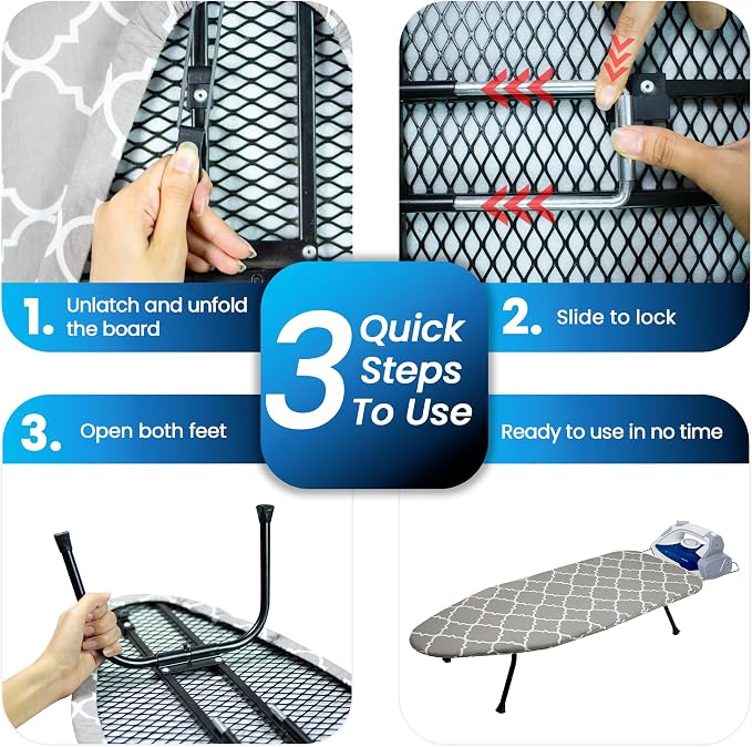 Metal Mesh Panel Tabletop Ironing Board | Foldable Iron Board | Heavy Duty Small Iron Board with Heat Resistant Cover and 100% Cotton 8mm Thicken Pad (Mesh)
