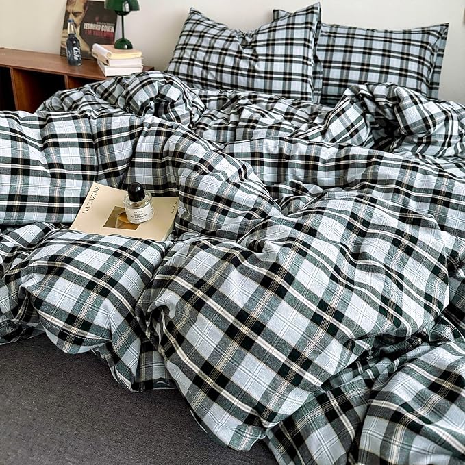 mixinni Vintage Grey & Pale Blue Buffalo Plaid Duvet Cover Set King Size - 3 Piece Washed Cotton Bedding Set with Grid Pattern, Soft & Breathable Duvet Cover with Pillowcases for Boys, Men& Women