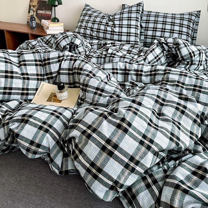 mixinni Vintage Grey & Pale Blue Buffalo Plaid Duvet Cover Set Queen Size - 3 Piece Washed Cotton Bedding Set with Grid Pattern, Soft & Breathable Duvet Cover with Pillowcases for Boys, Men& Women