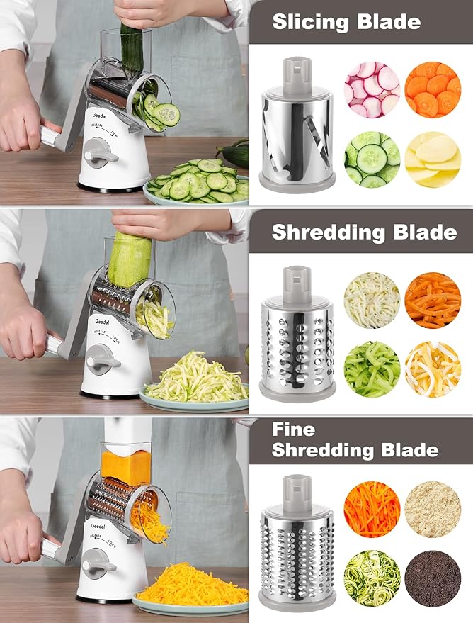 Geedel Rotary Cheese Grater Vegetable Shredder With 6 Interchangeable Blades No Slip Suction Base, Mandoline Slicer & Food Chopper for Cheese, Ice, Nuts, Vegetables, Veggie