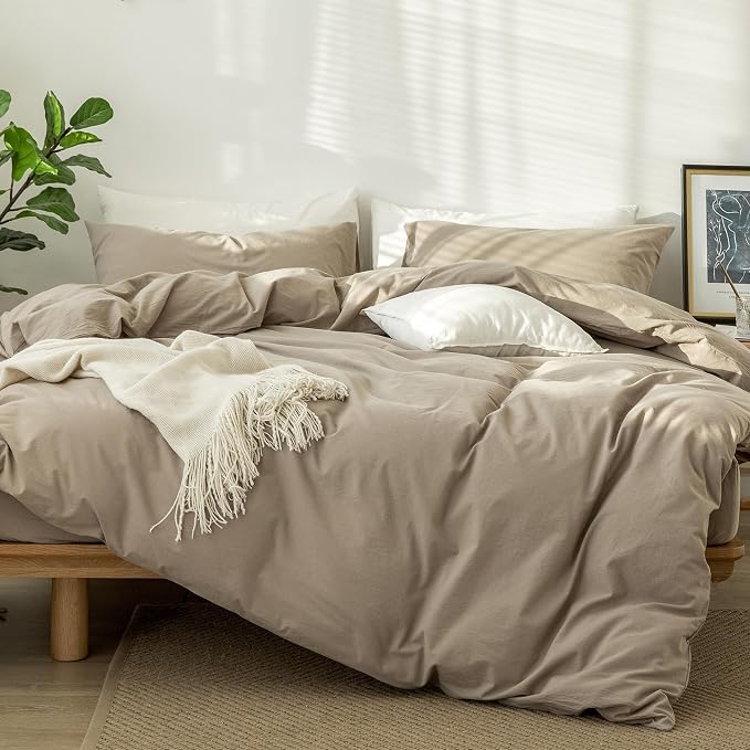 MooMee Duvet Cover Set 100% Washed Cotton Linen Like Queen | Relaxed Linen-like Texture. Soft, Breathable & Long-lasting Comfort. Lightweight. Hidden Zipper with 8 Interior Corner Ties