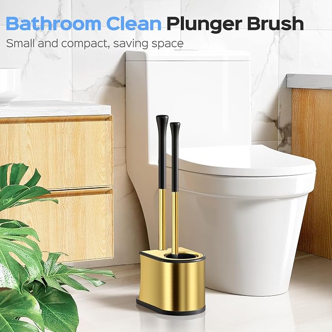 HAMITOR Toilet Plunger and Brush Set: 2 in 1 Stainless Steel Combo with Curved Bristles - Heavy Duty Toilet Unclogging for Family Bathroom - Compact Hideaway Apartment Cleaning Accessories - Gold