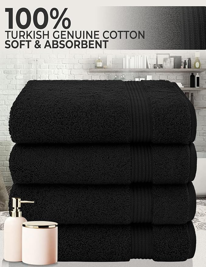 Cotton Paradise 100% Cotton Turkish Towel Set, Soft Absorbent Quick Dry, 4 Piece Bath Towel Set, Coal Black