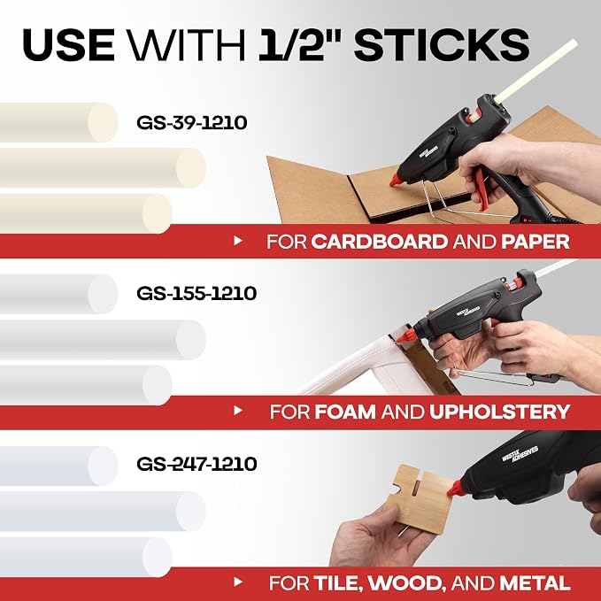 IDL Packaging GG-220 Industrial 200W Hot Glue Gun with 10 pcs Glue Sticks - 1/2" x 10" Full-Size Glue Sticks - Hot Glue Gun Kit for Variety of Surfaces: Foam, Vinyl, Leather, or Upholstery