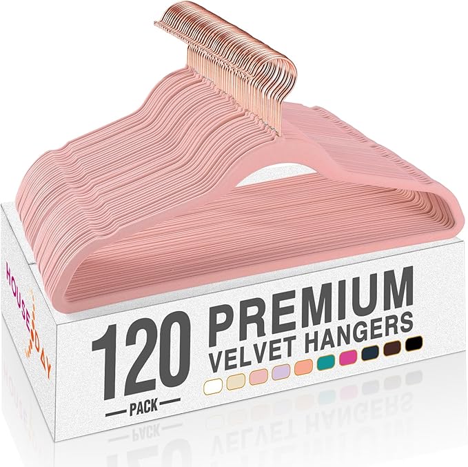 HOUSE DAY Pink Velvet Hangers 120 Pack, Premium Clothes Hangers Non-Slip Felt Hangers, Sturdy Black Hangers Heavy Duty Coat Hangers, Durable Suit Hangers, Space Saving No Hanger Mark Rotating Hook