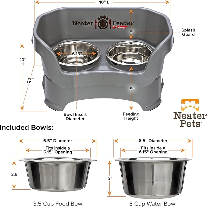 Neater Pet Brands Neater Feeder Deluxe Mess Proof Dog Bowls Elevated for Medium Dogs 19-40 lbs, Made in USA, No Spill Raised Dog Food Bowl Stand Feeding Station, Food and Water Bowl Set, Gunmetal