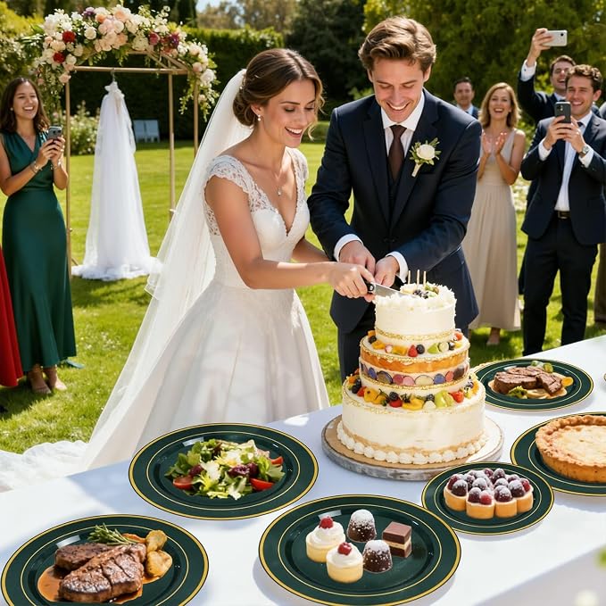 WDF Partyware 175PCS Green Plastic Plates - Green and Gold Disposable Plates 25Guests Plastic Plates with Rolled Napkins for Birthday/Party/Wedding/World Cup 2026