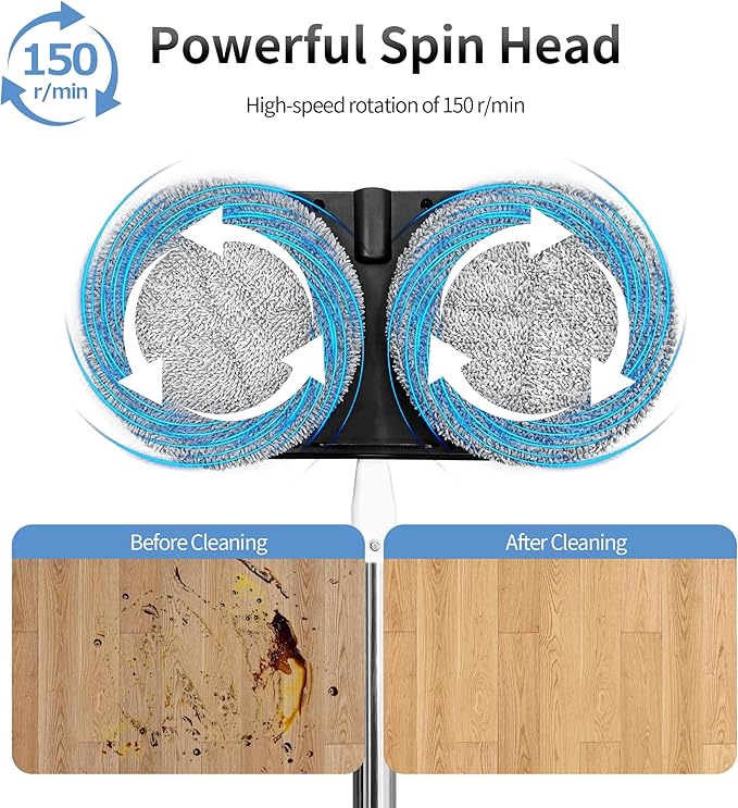 Cordless Electric Mop, WS24 Cordless Spin Mop for Floor Cleaning, Lightweight & Rechargeable Floor Cleaner with Water Sprayer and LED Headlight for Hardwood and Tile Floors, White