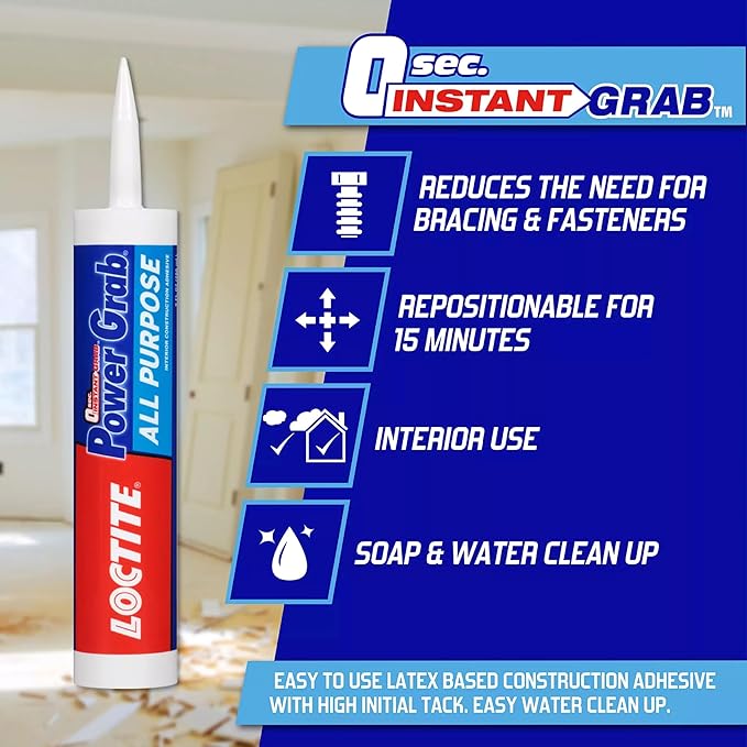 Loctite Power Grab Express All Purpose Construction Adhesive, 9 fl oz Cartridge, 12 Pack - Versatile Construction Glue for Cement, Tile, Wall & More