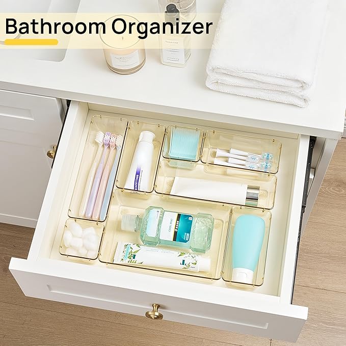 Vtopmart 25 PCS Clear Plastic Drawer Organizers Set, 4-Size Versatile Bathroom and Vanity Drawer Organizer Trays, Storage Bins for Makeup, Bedroom, Kitchen Gadgets Utensils and Office