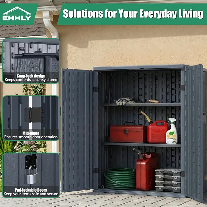 EHHLY Heavy Duty Small Storage Cabinet Outdoor Weatherproof, 14 Cuft Garage Storage Cabinet with 2 Adjustable Shelves, Lockable Kitchen Pantry Closer Organizer, 31Wx23Lx34H, Sage Grey