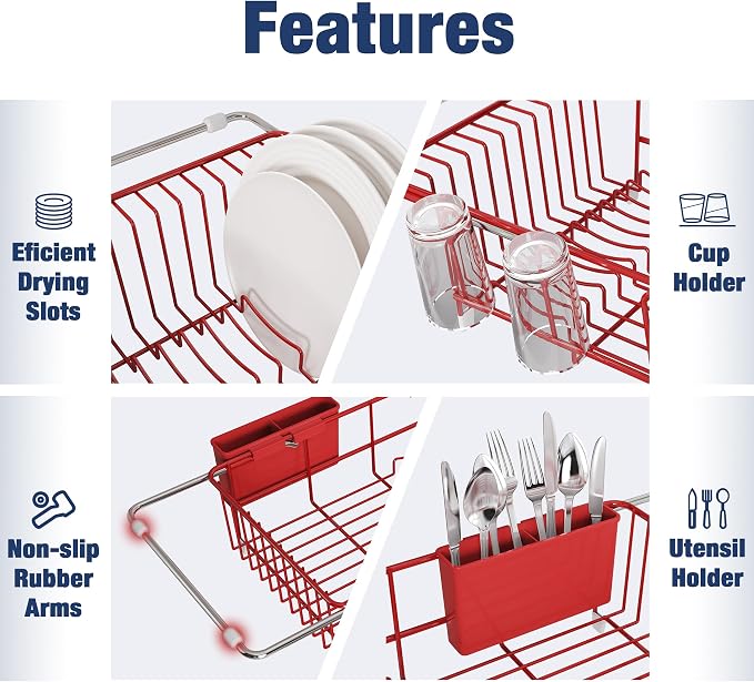 JASIWAY Red Dish Drying Rack in Sink with Mat, Cups and Utensil Holder | Use Over the Sink or Counter, Stainless Steel Expandable Dish Drainer for Small Kitchen, Space Saving, Fast Drain, Rustproof