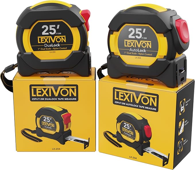 LEXIVON [2-Pack] 25Ft/7.5m Tape Measure, DuaLock & AutoLock | 1-Inch Wide Blade with Nylon Coating, Matt Finish White & Yellow Dual Sided Rule Print | Ft/Inch/Fractions/Metric (LX-204)