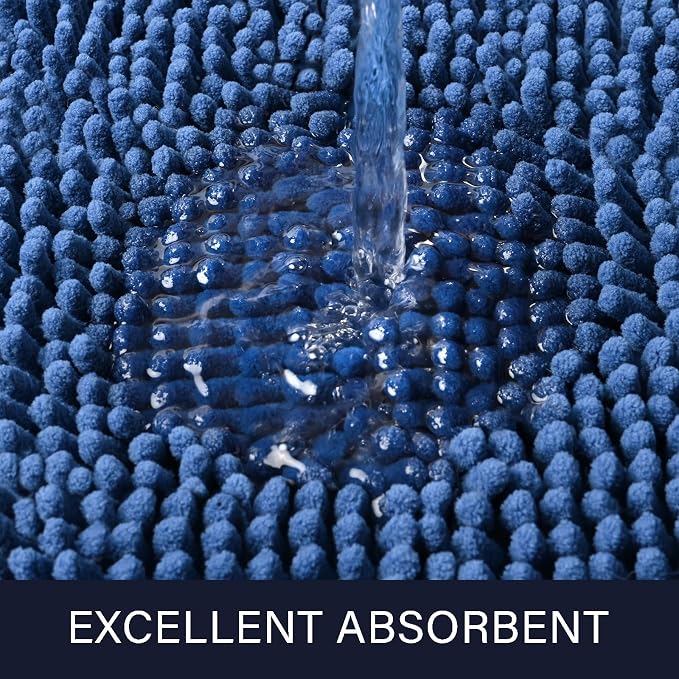 LOCHAS Luxury Bathroom Rug Shaggy Bath Mat 24 x 44 Inch, Blue | Washable Non Slip Bath Rugs for Bathroom Shower, Soft Plush Chenille Absorbent Carpets