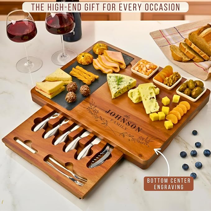 Personalized Acacia Wood Charcuterie Board Set with Stainless Steel Knives – Custom Cheese Board for Wedding, Anniversary, New Mom, Engagement, Housewarming, Bridal Shower, Women, Mother’s Day Gifts