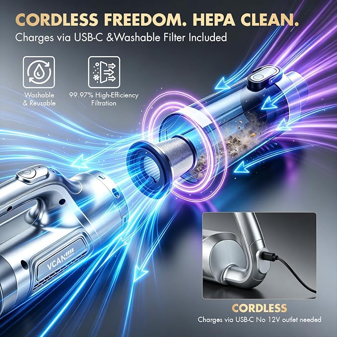 VCANENERGY 29PCS Car Cleaning Kit Interior Detailing for Men Women（Grey） | 17000PA High Power Handheld Cordless Car Vacuum Rechargeable, Detailing Brush Set, Windshield Cleaner Tool, Tire Brush