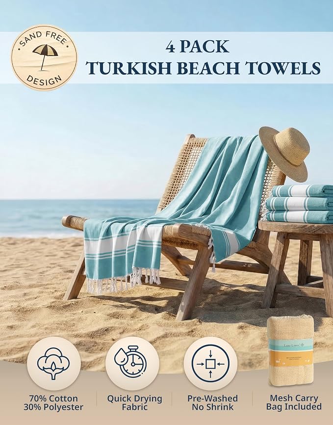 LANE LINEN Oversized Beach Towel - Beach Towels 4 Pack, Pre-Washed Pool Towel, Extra Large Beach Towel, Quick Dry & Sand Free, Lightweight Travel Towel, 39"x71" - Aqua | Pre-Washed Pool Towel - Quick Dry & Sand Free - 39"x71", Vacation Essential - Trav...