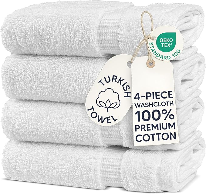 Chakir Turkish Linens | Hotel & Spa Quality 100% Cotton Premium Turkish Towels | Soft & Absorbent (4-Piece Washcloths, White)