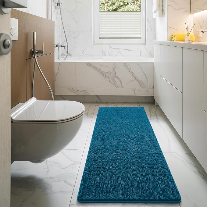 LOCHAS Luxury Bathroom Rug Shaggy Bath Mat 24 x 60 Inch, Peacock Blue | Washable Non Slip Bath Rugs for Bathroom Shower, Soft Plush Chenille Absorbent Carpets