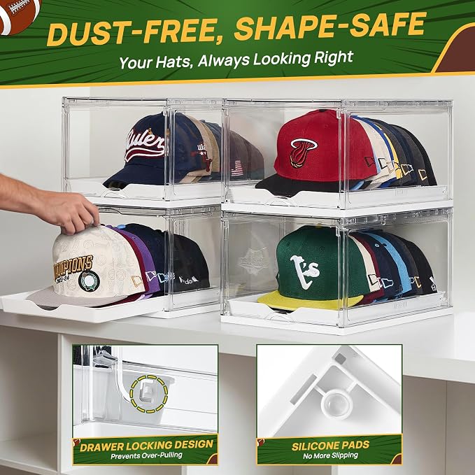 Vtopmart 1 Pack Hat Organizer for Baseball Caps, Clear Hats Holder Box with Drawer, Large Cap Storage with Sliding Tray, Stackable Rack Display Case with Magnetic Door, Each Holds 12 Hats