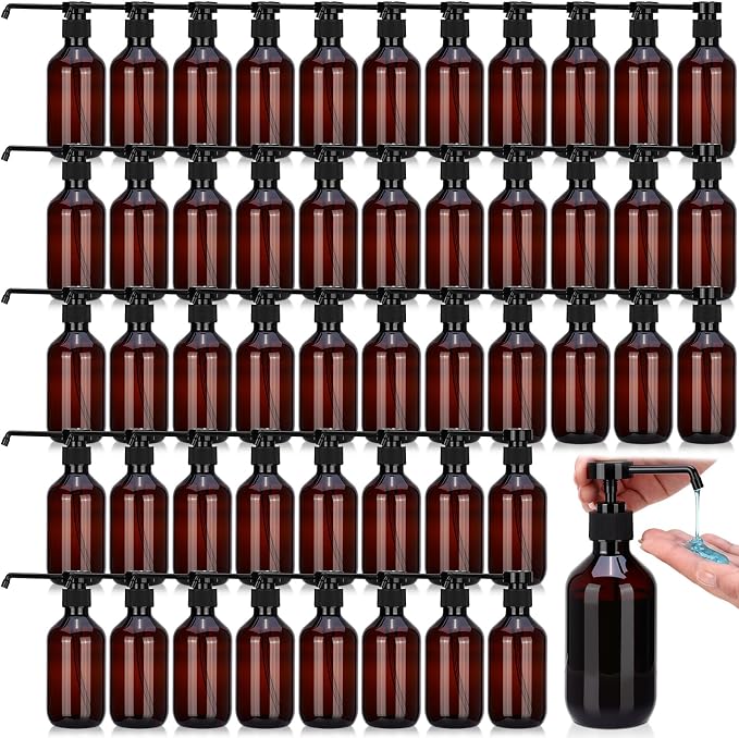 50 Pack Plastic Soap Dispenser Bulk Empty Pump Bottles Dispenser with Long Pump 10 oz Refillable Dish Soap Hand Washing Bottles Lotion Bottle for Kitchen Bathroom(Transparent Brown)