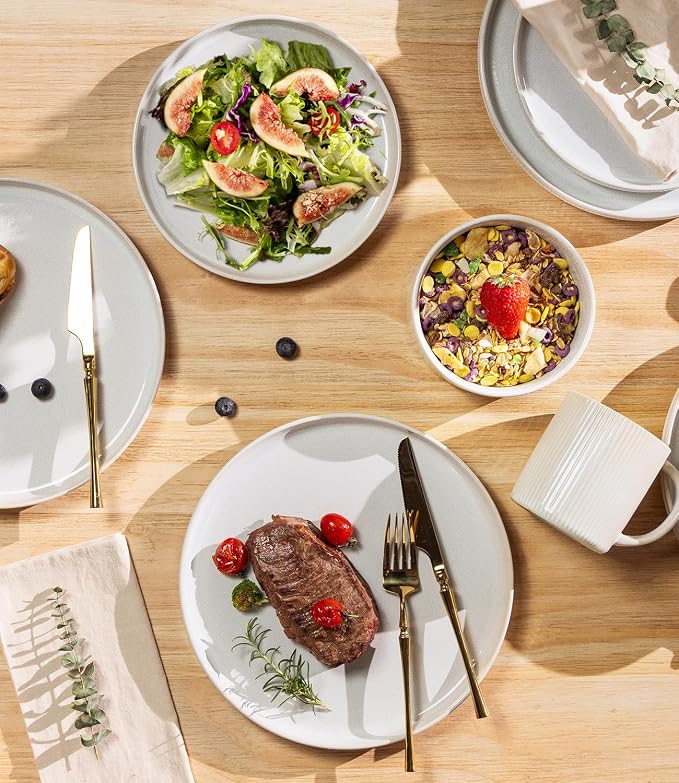 TheTerra Ceramic Dinnerware Sets for 4, 12 Pieces Porcelain Lightweight Plates and Bowls Sets, Scratch Resistant Dish Set, Oven & Microwave & Dishwasher Safe,Reactive White
