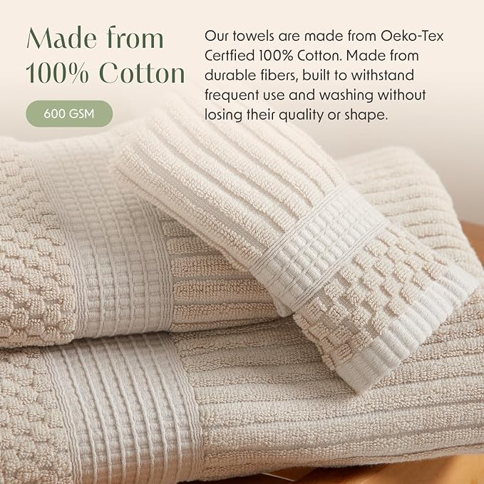 Springtree Home 100% Cotton Bath Towel Set | 6-Piece Set | Textured | Beige | Absorbent & Quick-Dry Bathroom Towels | Textured and Durable Cotton Towels for Bathroom | OEKO-TEX | Krista Collection