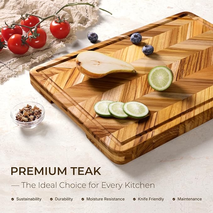 Teak Wood Cutting Board for Kitchen Large End Grain Heavy Duty Checkered Wooden Cutting Board Non Toxic Herringbone Charcuterie Butcher Block Non Slip Hardwood Chopping with Juice Groove Handle