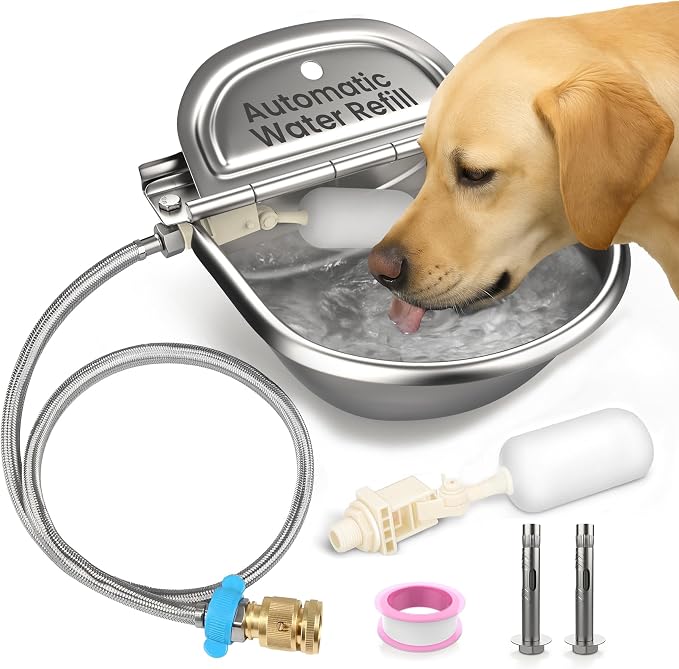 Automatic Animal Drinking Water Bowl with 2 Float Valves-304 Stainless Steel Automatic Water Dispenser for Dogs & Farm Animals, Auto-Refill, Leakproof Drain Hole, Extra Long 100cm Hose