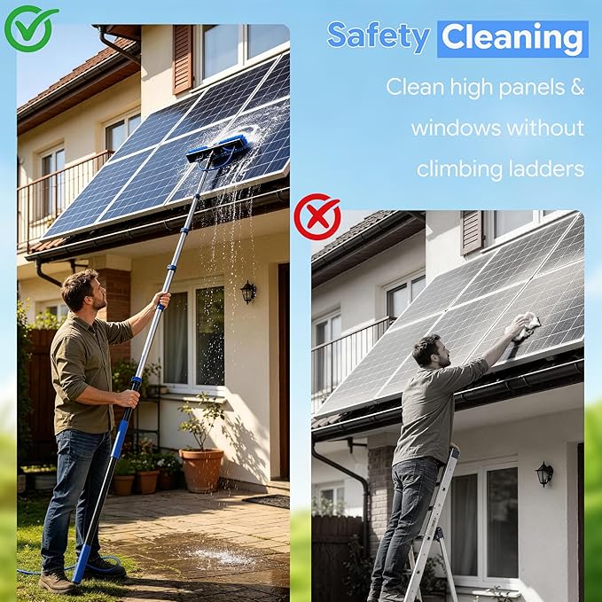 5-24 FT Solar Panel Cleaning Kit, Water Fed Pole Window Cleaning with Soap Dispenser, Window Washing Kit with Extension Pole, Squeegee and Cobweb Dusters for Windows, Solar Panels and Exterior Walls