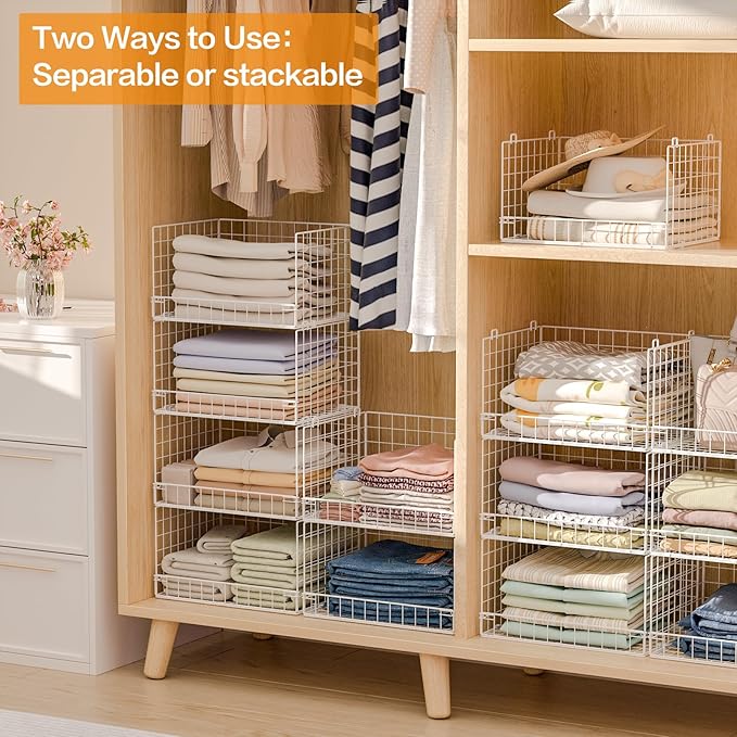 Yociyoga 6-Tier Stackable Closet Organizers and Storage Shelves, Closet Shelf Organizer Basket Bins, Foldable Sweater Storage for Clothes Organizer System, White（Patent No. 30022416）
