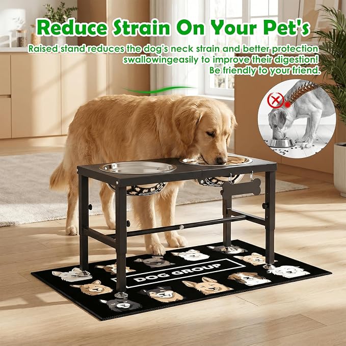 SHAINFUN Elevated Dog Bowls with Mat for Large & XLarge Dogs, Adjustable Height Raised Dog Bowl Stand with Two 68oz Bowls, Dogs Food Water Bowl Holder