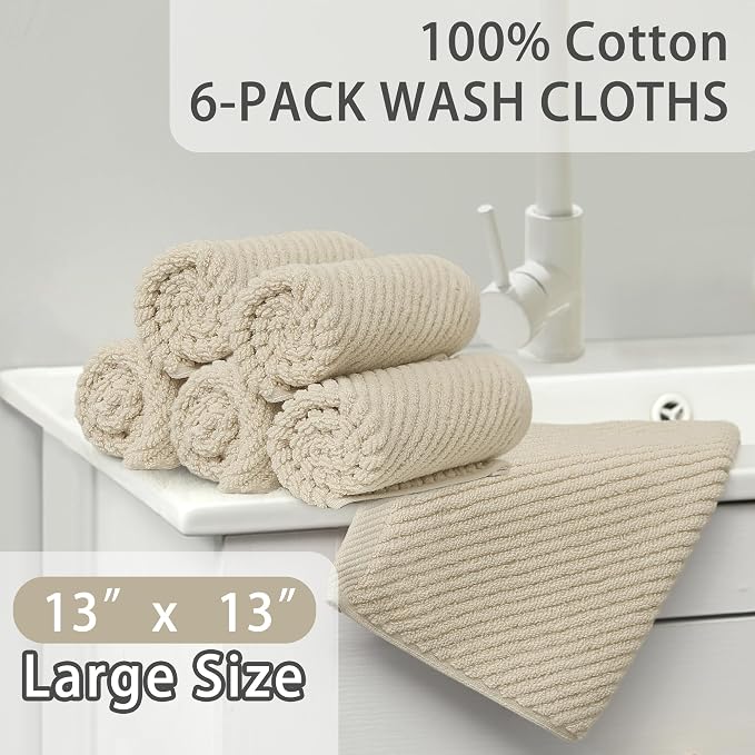 VOOVA & MOVAS Washcloths 6PC, 100% Cotton, 13x13 in, Beige Tan | Quick Dry, Soft, Absorbent, Hotel Quality, Luxury Wash Cloths, Towel Gift Set, Suitable For Spa, Bathroom, Travel
